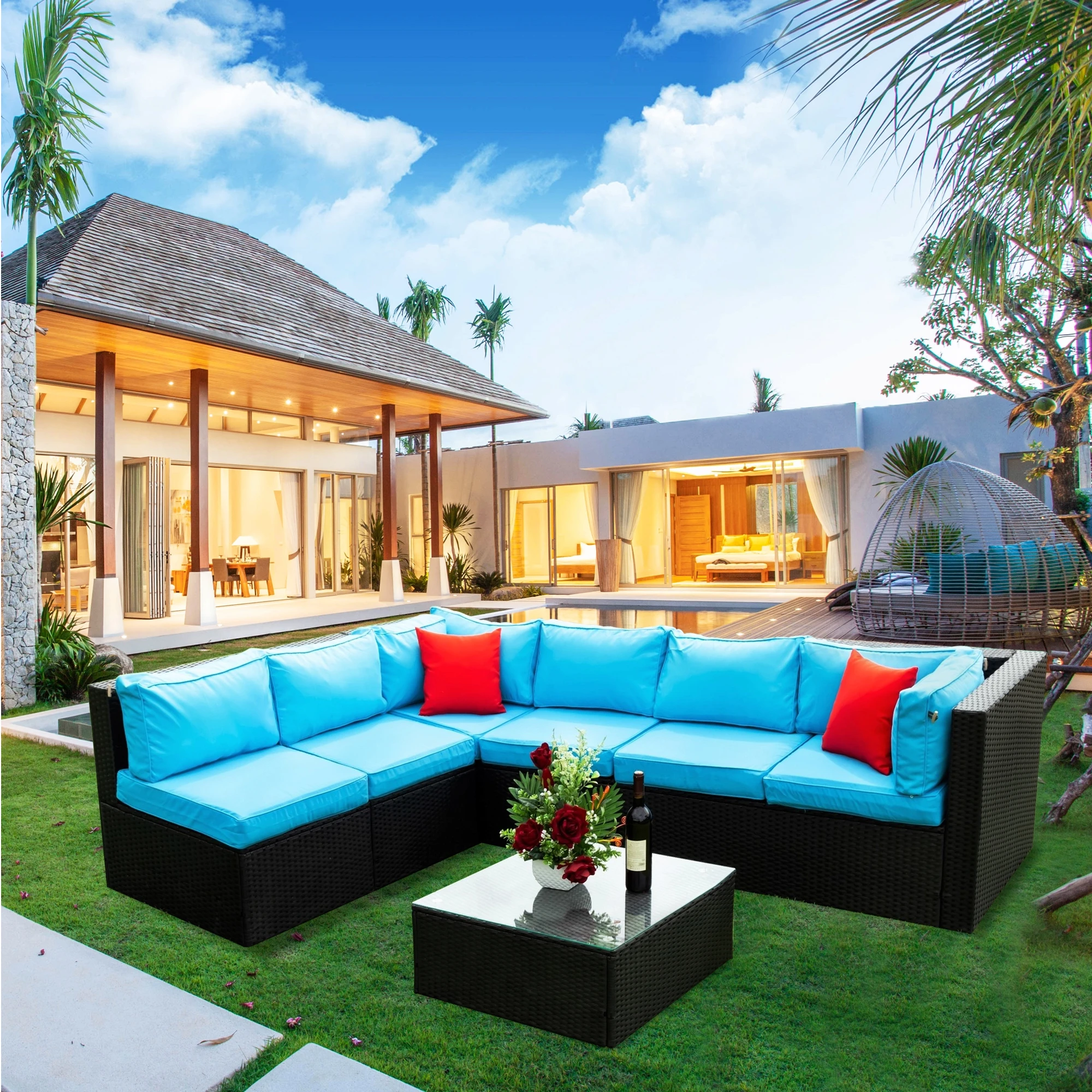 

5 Pieces PE Rattan Wicker Sectional Outdoor Furniture Set Cushioned U-Shaped Sofa with 2 Pillow[US-Stock]