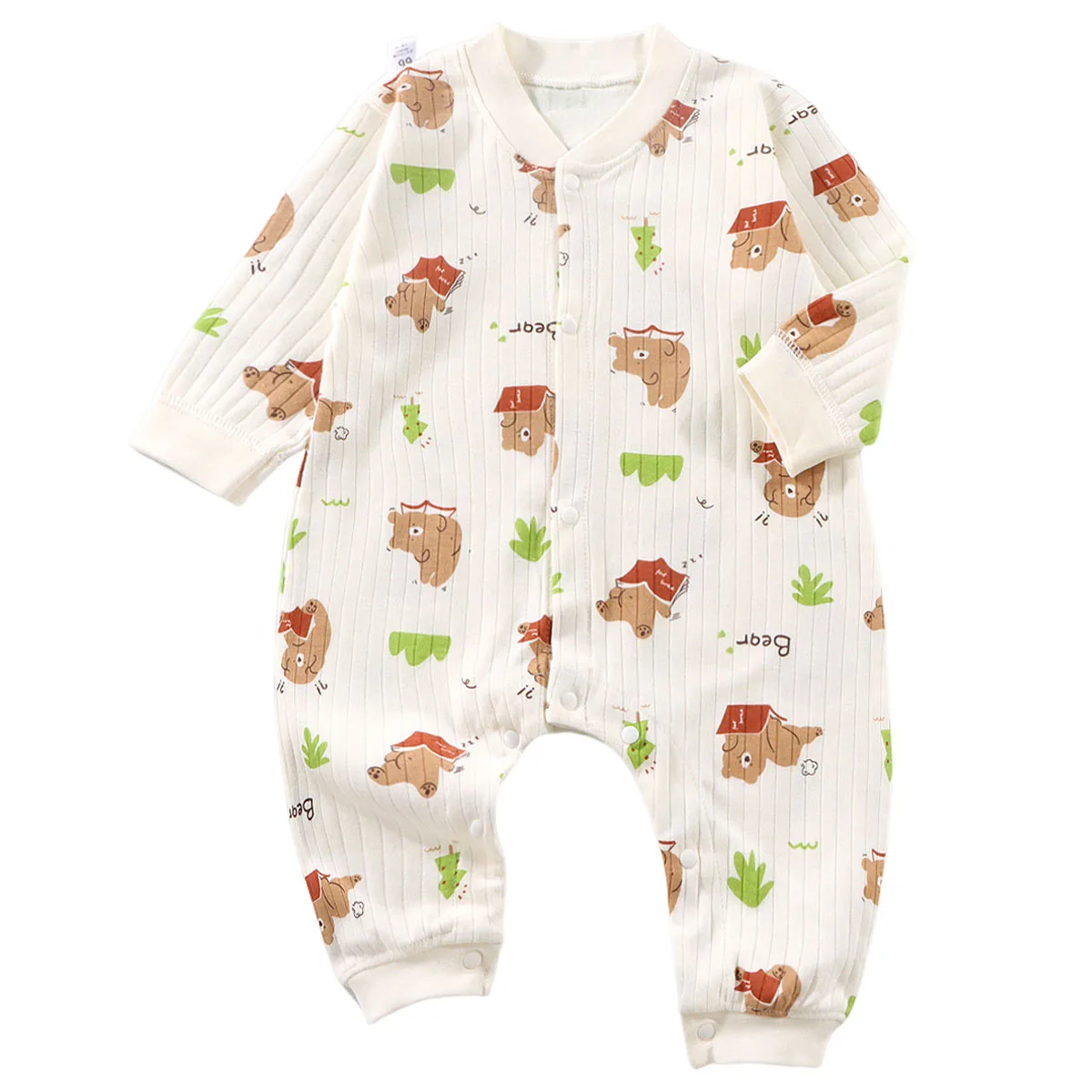Baby Cartoon Print Long Sleeve Romper, Newborn Infant Ribbed Cotton Jumpsuit Multi-Color Baby Onesie for Spring Autumn