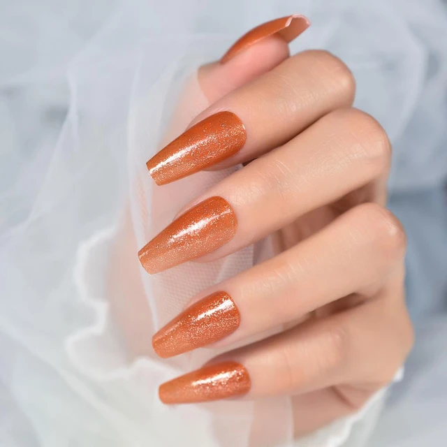 Orange & Gold Glitter Glossy Mid Coffin Press On Nails 24 Pc Nail Set False  Glue