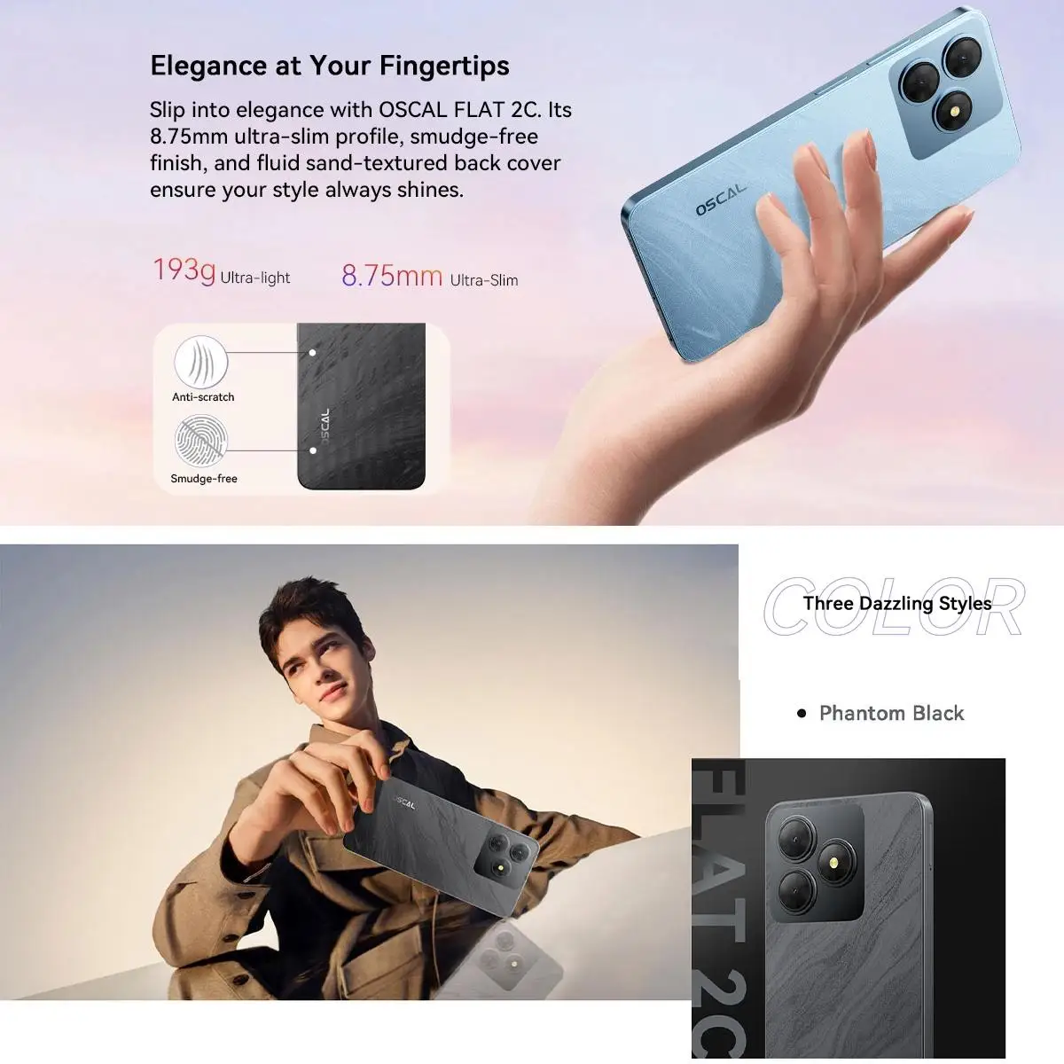 Blackview Oscal FLAT 2C Smartphone 2GB+64GB 6.56'' Unisoc T603 Octa Core 13MP Camera 5000mAh Battery 4G Android 14 Mobile Phone