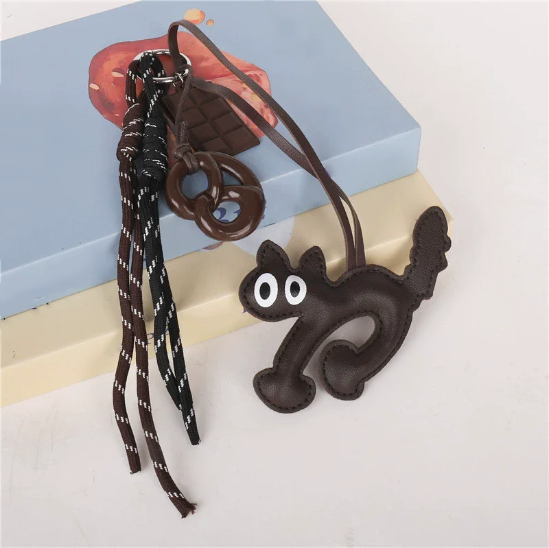 Creative Style Bread Car Keychain Bag Maillard Leather Dog Cat Chocolate Pendant Hand Woven Bag Hanging Charm Accessories