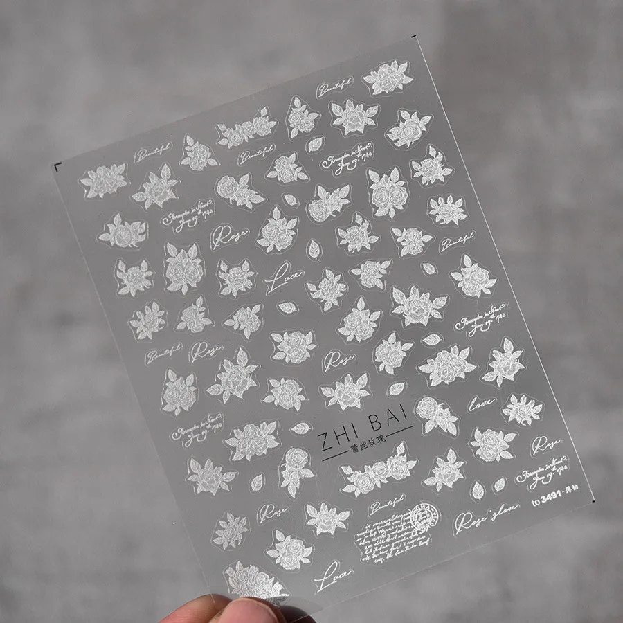 블랙 화이트 레이스 로즈 네일 디자인 스티커 3D 얇은 네일 장식 스티커 자체 접착 매니큐어 데칼 DIY 네일 액세서리
