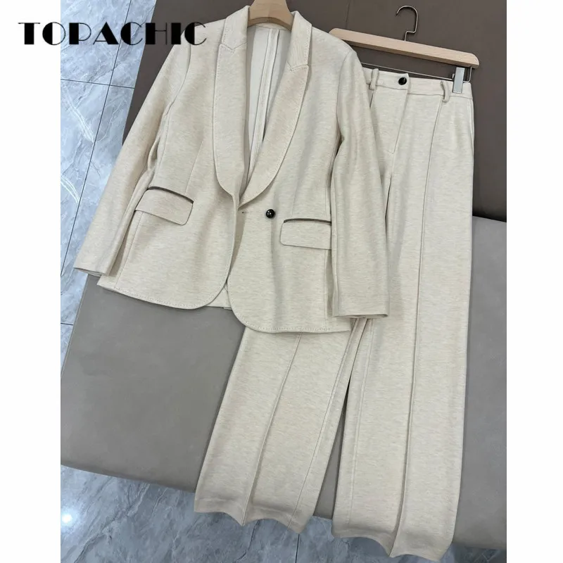 

9.7 TOPACHIC Women's Temperament New Cotton Set Chain Pocket Design Single Button Blazer Or Elastic Waist Wide Leg Pants