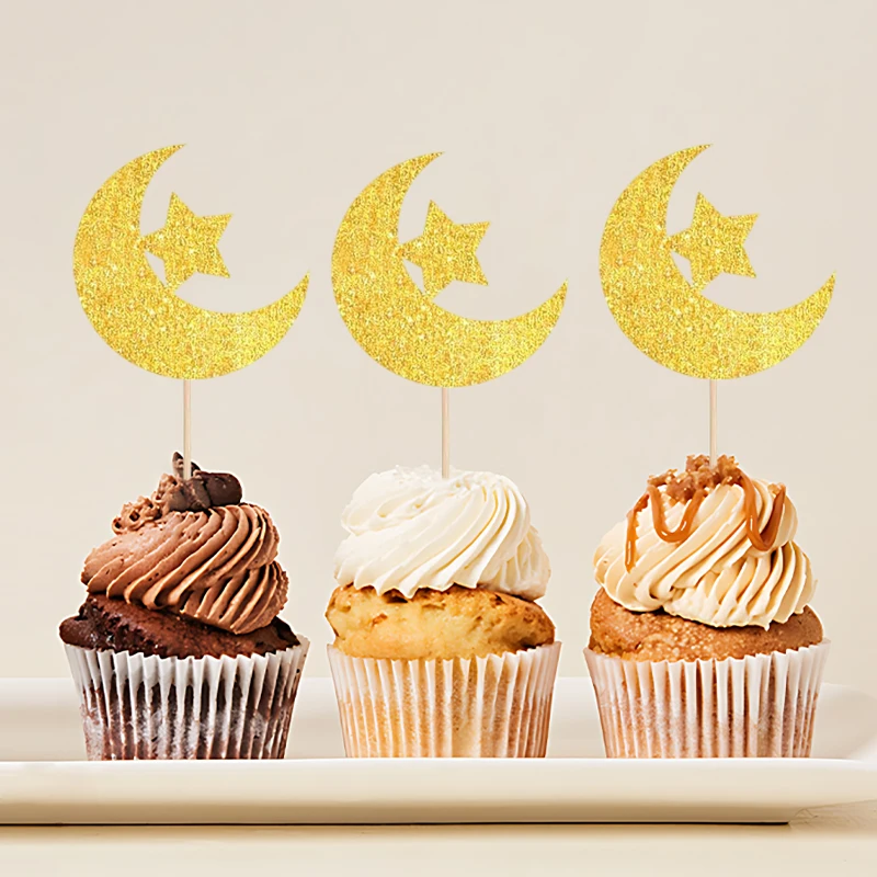 30 or 24Pcs Glitter Moon Cake Toppers and Stars Cupcake Picks Cake Decorations for Baptism Birthday Shower Celebrations