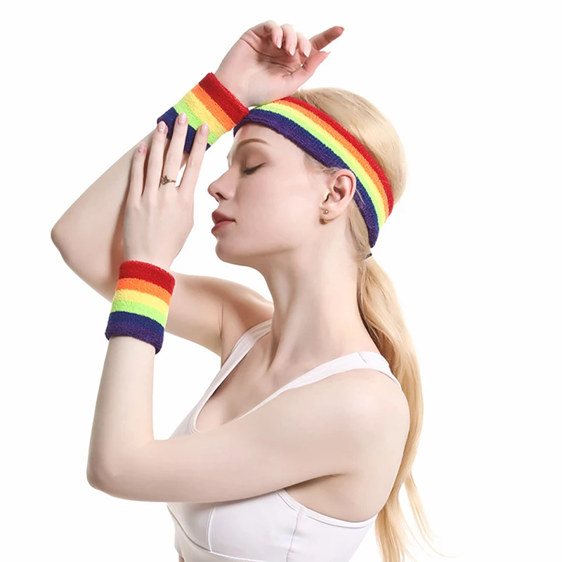 

Rainbow Color Wrist Bands Sport Sweatband Hand Band Sweat Wrist Support Brace Wraps Guards Stretch Headband Hair Band Sweatband