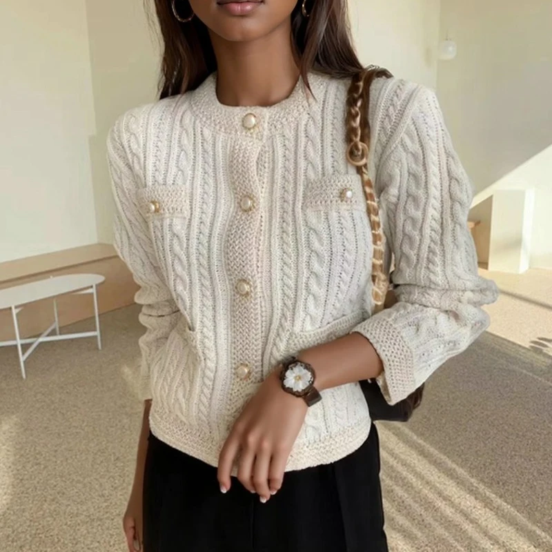 Autumn Elegant Knitted Long Sleeve Jackets Winter Korean Round Neck Twist Cardigan Sweater Outerwear Loose Casual Office Coats