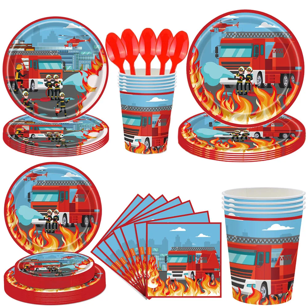Fire Truck Party Decorations Disposable Dinnerware Firetruck Paper Plates Red Truck Napkins Cups Cutlery For Boys Birthday Party
