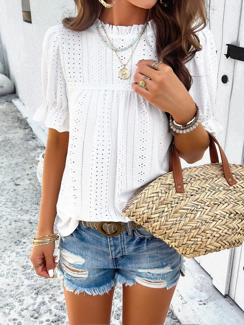 

YEAE Solid Color Short Sleeve Skeleton Top Tee Standing Lace Neck Bubble Sleeve Button Women's Short Sleeve Commuter Versatile