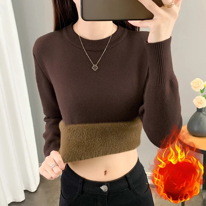 

Женский вязаный джемпер с круглым вырезом, повседневный облегающий бархатный пуловер с длинным рукавом, Осень-зима 2024, R87