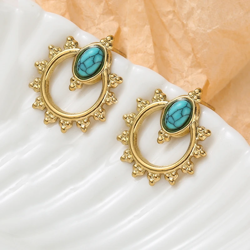 

Vintage Circle Sunflower Stud Earrings For Women Charm Stainless Steel Oval Shape Turquoise Earrings Party Wedding Jewelry Gifts