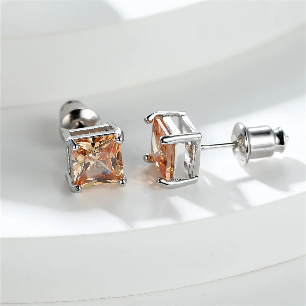 Champagne Crystal Square Zircon Stone Small Stud Earrings For Women Classic Silver Color Tiny Birthstone Jewelry Minimalist Gift