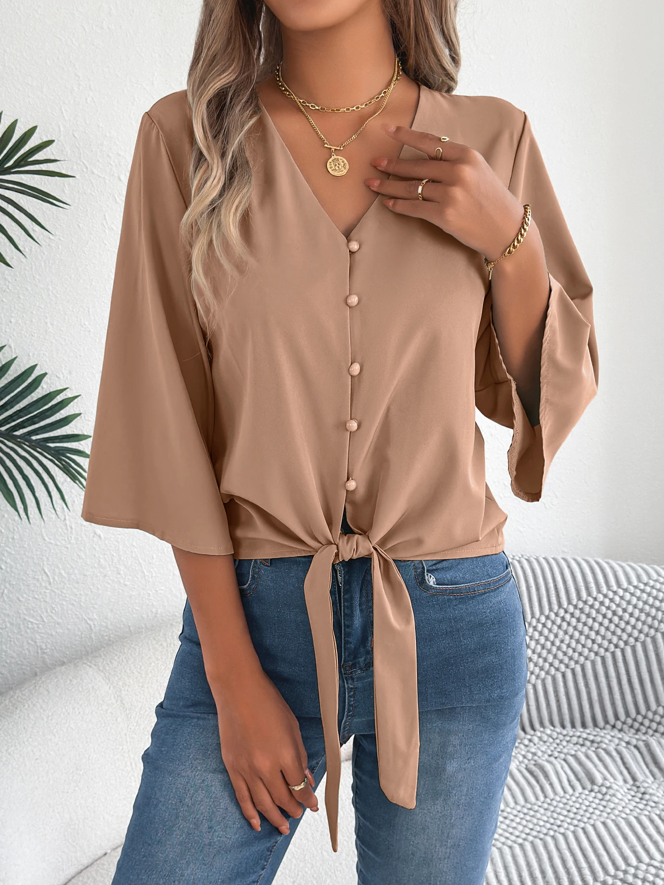 Women Autumn Casual Shirt V Neck Long Sleeve Lace Up