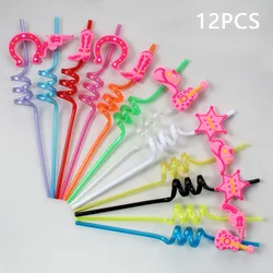 12 - Piece Reusable Spiral Straws, Pink Western Cowboy Style - Vibrant Drinkware Set (Multicolored)