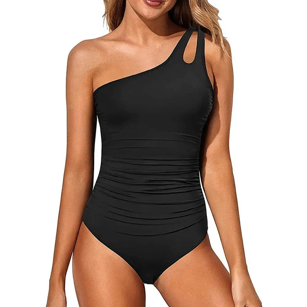 

2023 Europe and America Cross Border Foreign Trade New One-Shoulder One-Piece Tight Swimsuit Women's Sexy Solid Color Backless