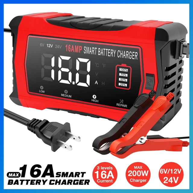 6V 12V 24V 16A Universal Repair Car Battery Charger Intelligent Repair Motorcycle Charger for Lead Acid AGM GEL LiFePO4 Battery