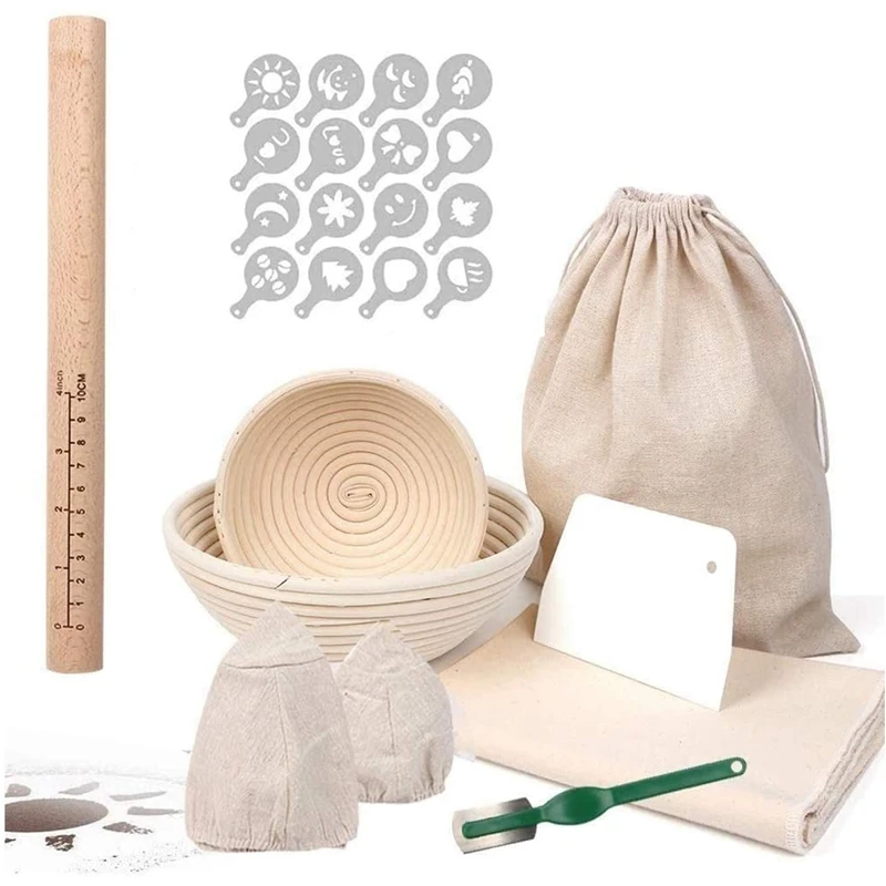 

Гидроизоляционные корзины, круглые корзины 16 см + 22 см, с льняным пекарем, скребок для теста, набор корзин для хлеба