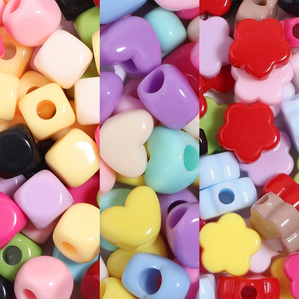 30/50 Stück Acrylperlen in Bonbonfarben, quadratische, herzförmige und blumenförmige Abstandsperlen für DIY-Halsketten, Armbänder und Schmuckherstellung