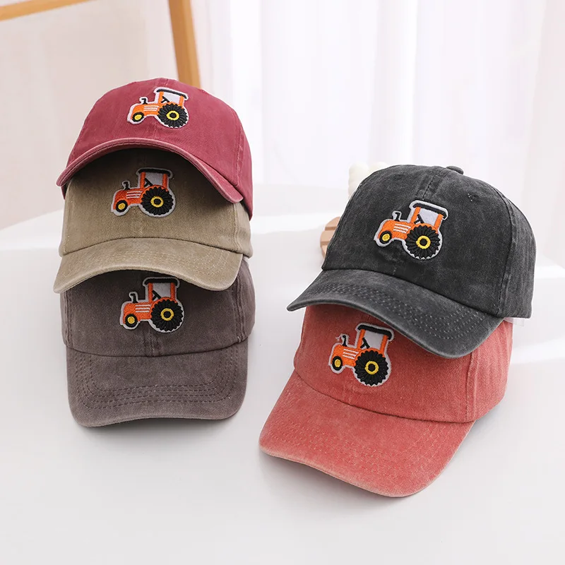 Washed Cotton Baby Baseball Cap Cartoon Tractor Embroidered Kids Snapback Hat Summer Soft Cotton Boys Girls Sun Hats