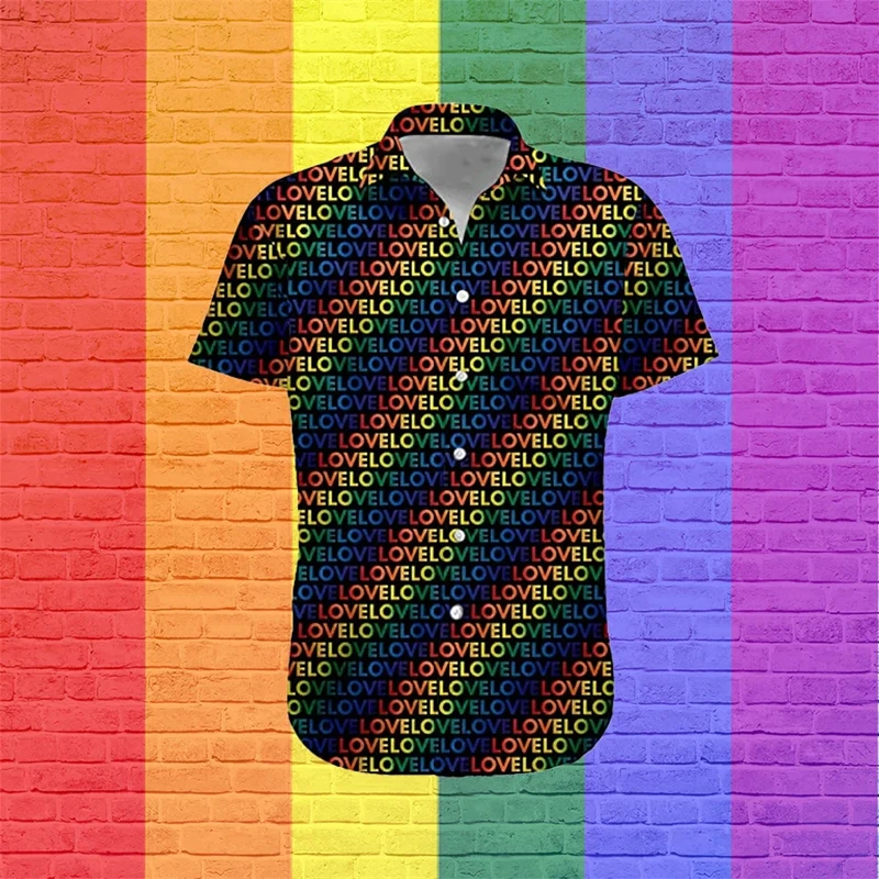 Rainbow Print Shirts Men Fashion Hawaiian Shirt Short-sleeved Harajuku Beach Lapel Buttons Blouse Men's Clothing Camisa 4