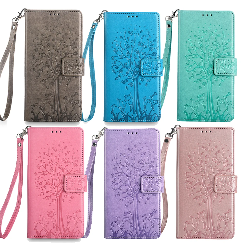 Elegant Magnetic Leather Flip Cover Wallet with Tree Design and Strap
