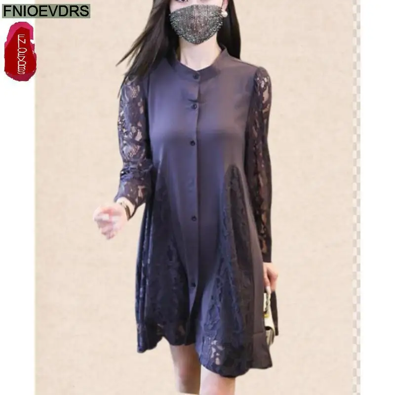 

L-5XL 2023 Loose Clothes Women French Design Elegant Office Lady European Style Button Lace Shirt Dress Mini Femineine Vestidos