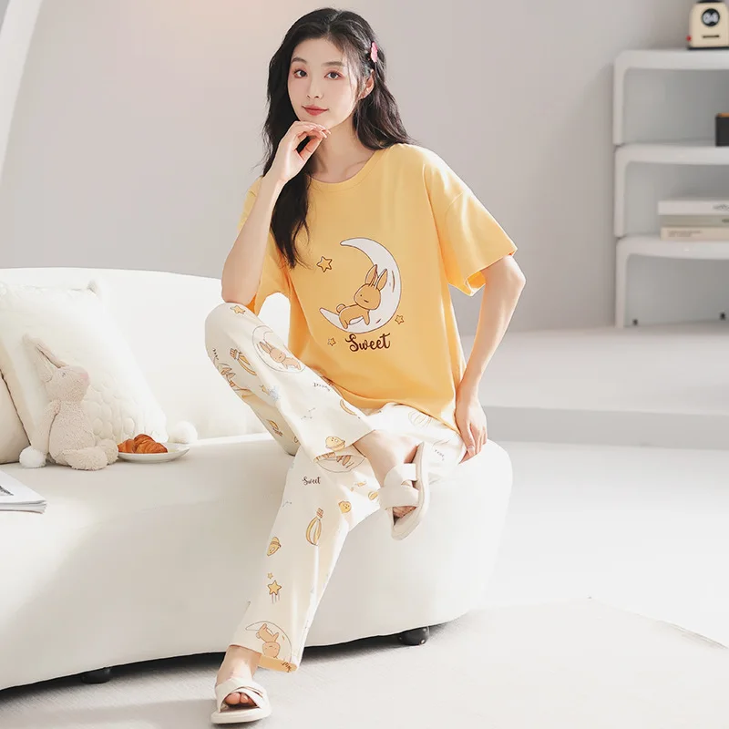 Summer Women's Pure Cotton Pajamas Round Neck Short Sleeve Pullover Pants Oversized Casual Home Clothing Set Cartoon Sleepwear
