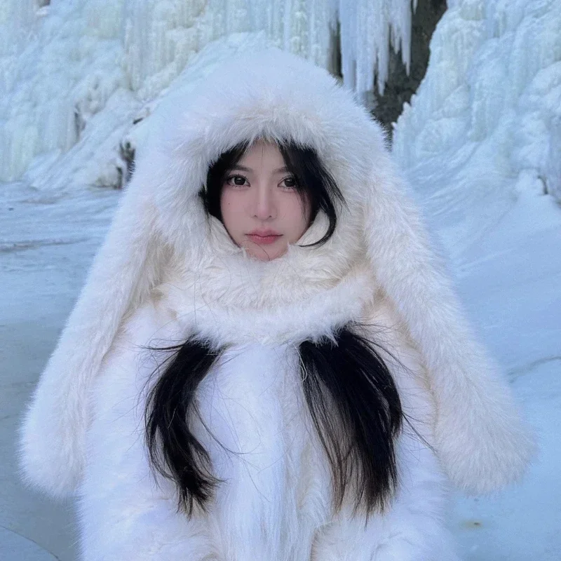 INS Cute Rabbit Ears Plush Bomber Hats Women Autumn Winter Outdoor Warm Thickened Scarf Integrated Ear Protection Balaclava Cap