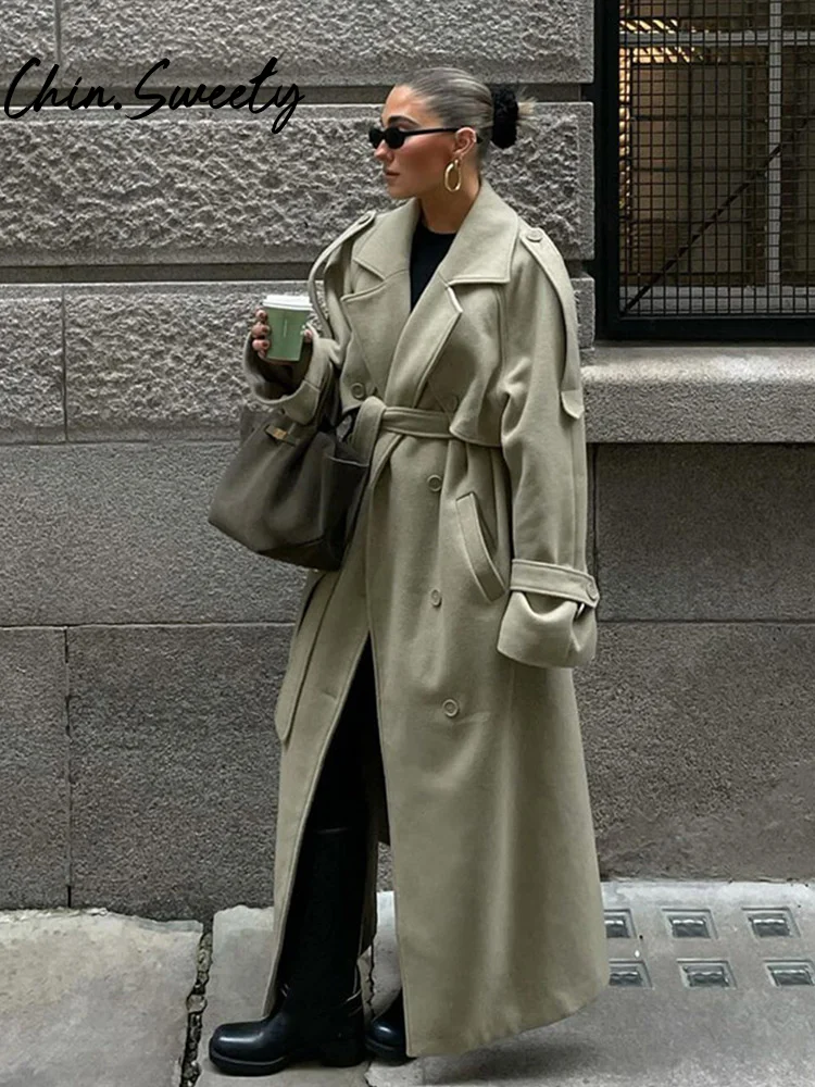 Urban Solid Double Breasted Long Women Coat Casual Full Sleeve Belt Double Breasted Female Jacket 2024 Autumn Winter Lose Lady 2