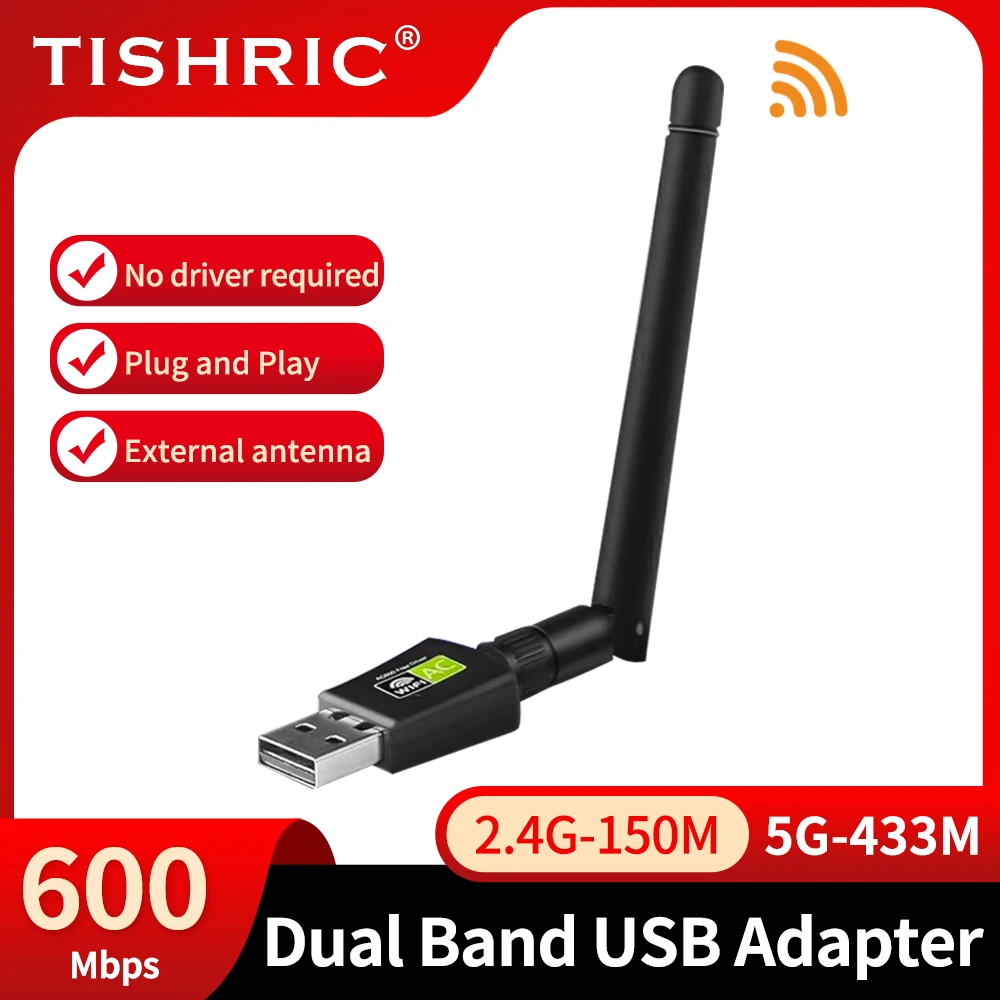 TISHRIC 무선 네트워크 카드, 듀얼 밴드 USB 와이파이 어댑터, 무료 드라이버 와이파이 안테나, 윈도우 비스타, XP, Win7, 8/10, 2.4Ghz, 5Ghz