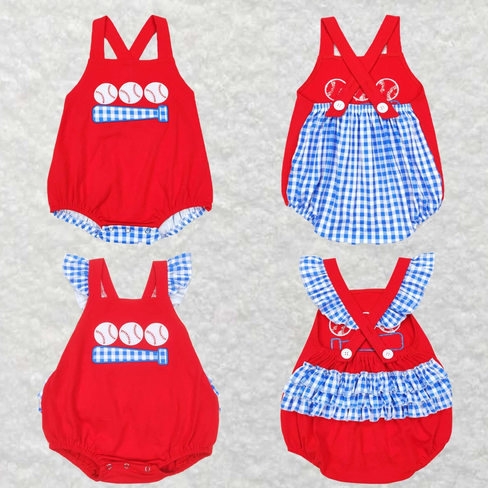 

Оптовая продажа, для новорожденных, для маленьких мальчиков и девочек, вышитые бейсбольные Синие Клетчатые кружевные красные бриджи с коротким рукавом