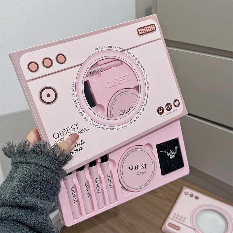 QIBEST Set trucco fotocamera rosa Rossetto Polvere pressata Fard Fango labbra Eyeliner Mascara Penna per sopracciglia Confezione regalo di bellezza Kit cosmetici - immagine 6