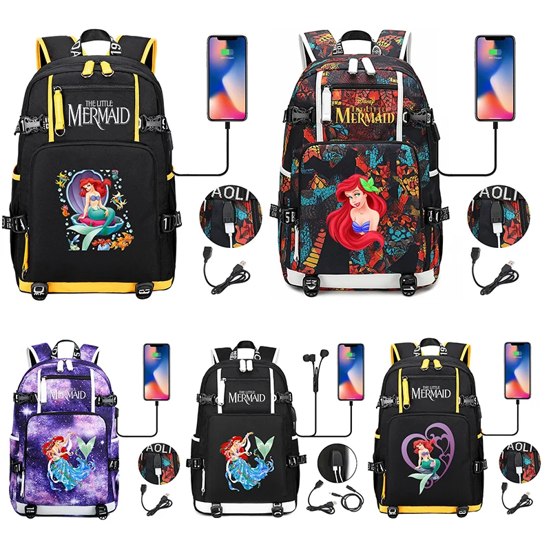 

The Little Mermaid Multifuction Boys Students Schoolbag Large Capacity Laptop Bag Waterproof USB Charging Backpack Mochila