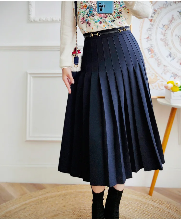 Women's Double-Ring Buckle High-Waist Wool Blend Skirt Mid-Length A-Line Thick Pleated Skirt Autumn Winter 2023 New summer women 2023 iron ring hollow out high waist skirt dark gothic mini skirts sexy goth clothing   cool girl streetwear