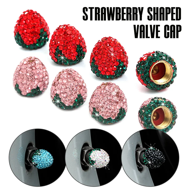 4-pack Of Creative Diamond-encrusted Strawberry Valve Caps Metal Car Valve Cores Full Of Diamonds Copper Car Exterior Trim pack of 20 car a c r134a valve core r134a automotive air conditioning valve cores valves core stem 134a needles ac system kit