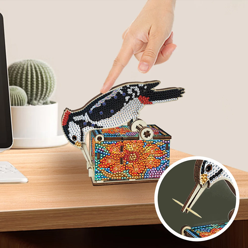 DIY Bird Diamond Painting Handmade Toothpick Holder Full Drill Crystal Mosaic Toothpick Holder Push-Type for Desktop Diamond Art