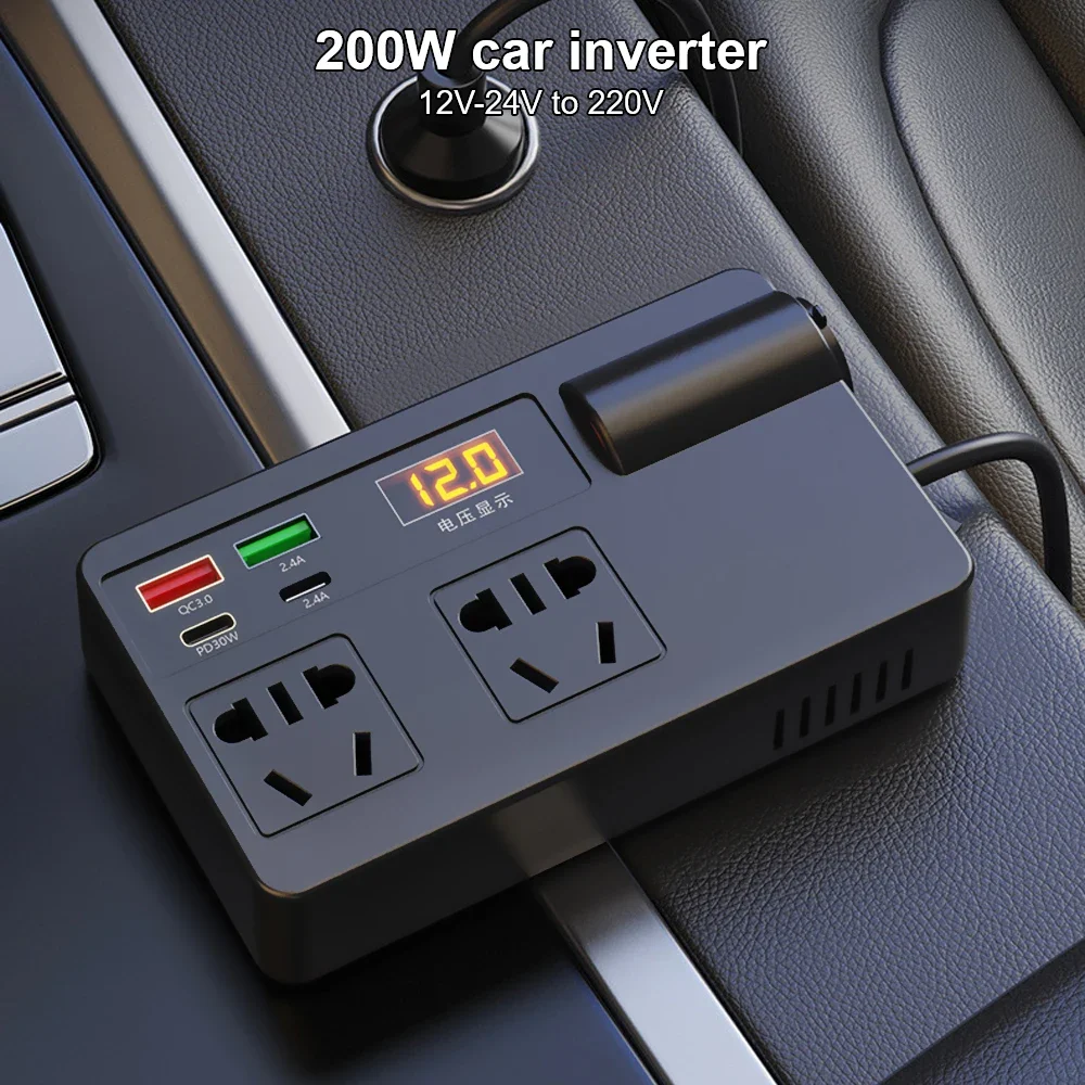 Onduleur de voiture avec détection de tension, adaptateur secteur, DC 12V, 24V à AC 220V, USB PD, chargeurs de type C, convertisseur 200W, QC 3.0, interrupteur marche/arrêt