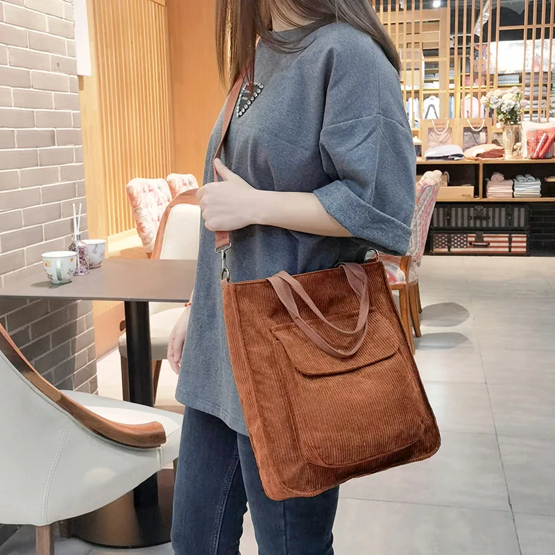 Winter New Corduroy Shoulder Bag Female Large Capacity Shopping Tote Teenager Bookbag Casual Travel Handle Bag Casual Clotch Bag