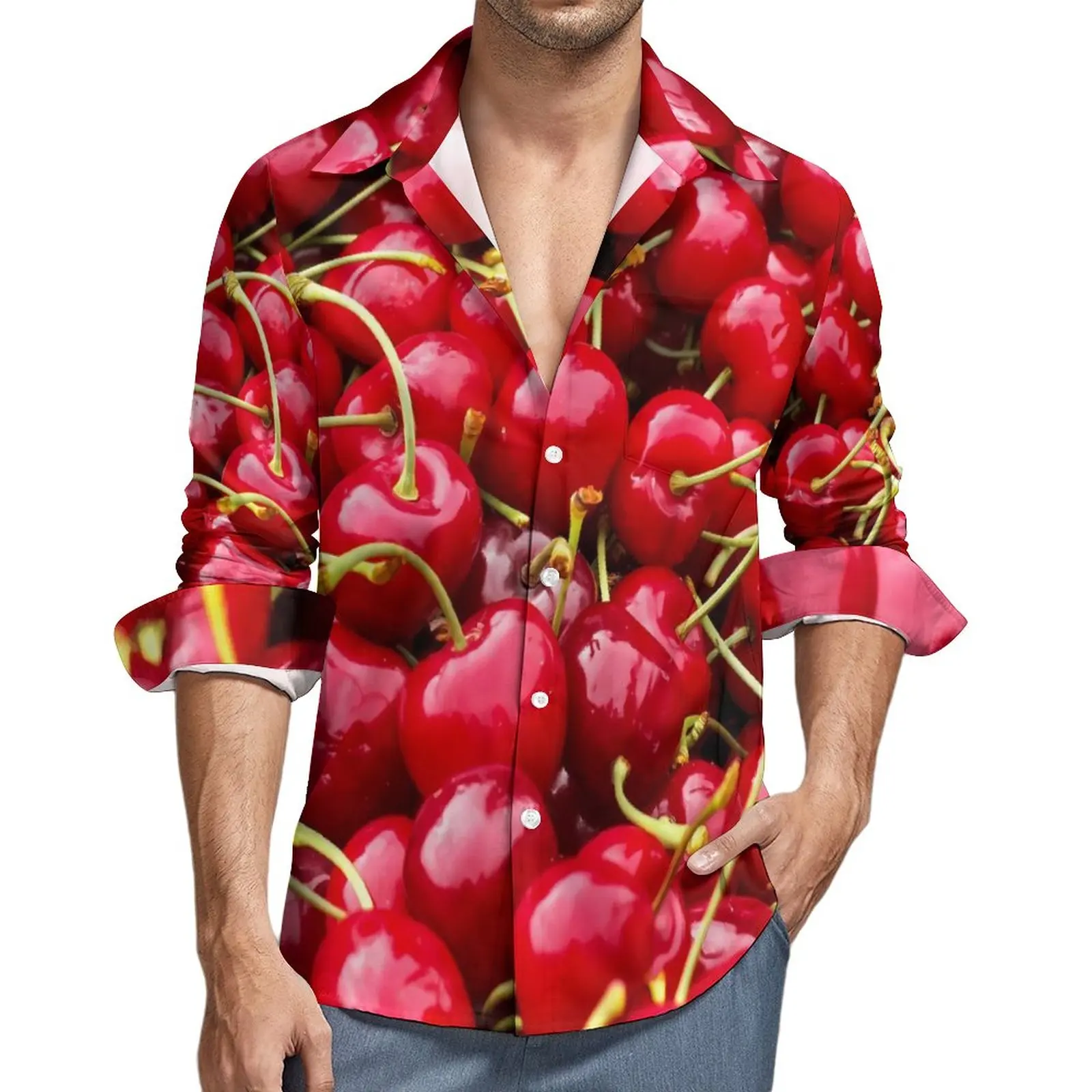 

Red Cherries Print Funny Casual Shirt Male Cute Fruits Shirt Autumn Trending Blouses Long Sleeve Design Oversized Clothing