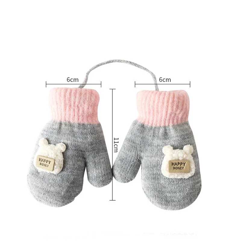 0-4Years Kids Winter Mittens Boys Girls Knitted Gloves Cute Candy Color Children Warm Full Finger Mittens Baby Gloves with Rope 3