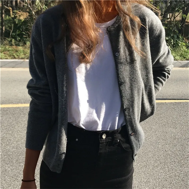 여성용 단색 니트 가디건, 한국 싱글 브레스트 긴팔 점퍼, 라운드 넥, 올 매치 가디건, 아웃웨어 2024