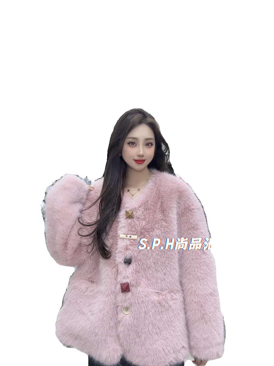 Fashion Handmade Button Women's Short Fur Stitching Faux Fur Coats Autumn Winter Commute Style Long Sleeve Warm Faux Fur Jackets