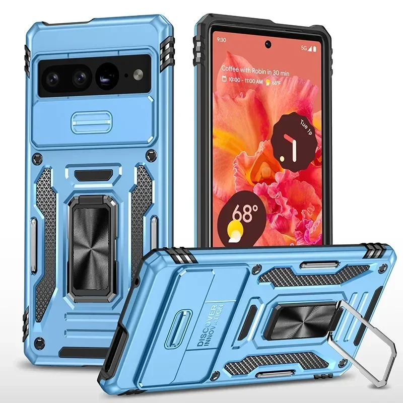 Rugged Military Grade Shockproof Kickstand Case with Slide Lens Protector