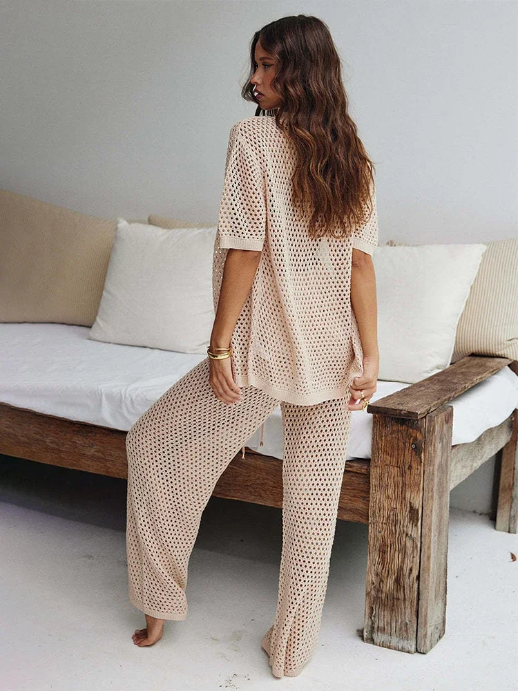 Women's Casual Knitted Hollow Out Loose Lapel Button Short Sleeve Top Trousers Two-piece 2026 Summer Swimsuit Cover Up Set A2926 2