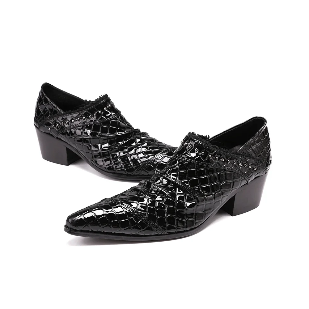 Classic Black Lacquer Leather Men Mid Heel Oxfords Shoes Party Prom Business Formal Shoes Plus Size Slip on Wedding Dress