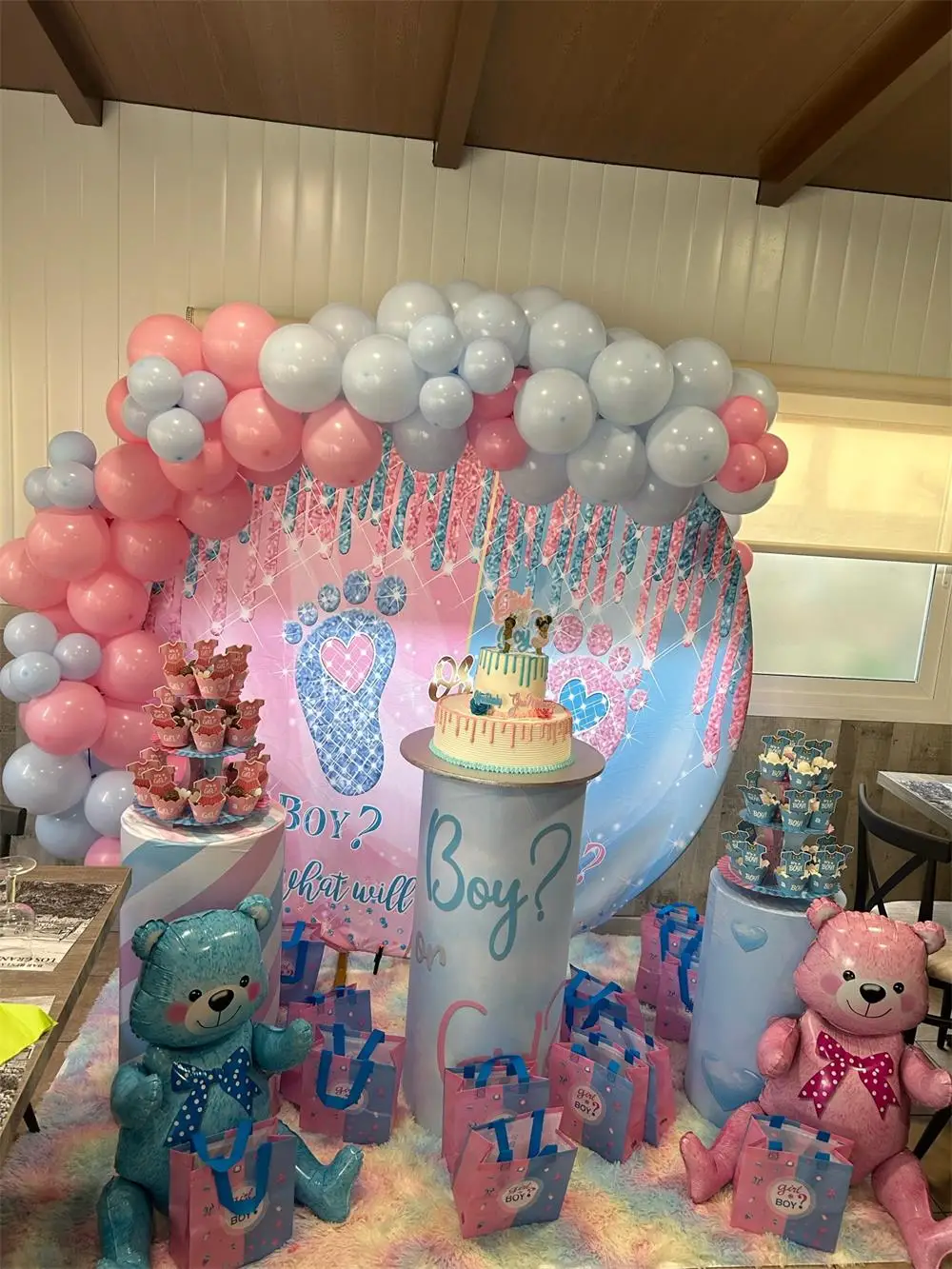 Photo Backdrop Newborn Gender Reveal Party Boy Or Girl Baby Shower Round Balloon Circle