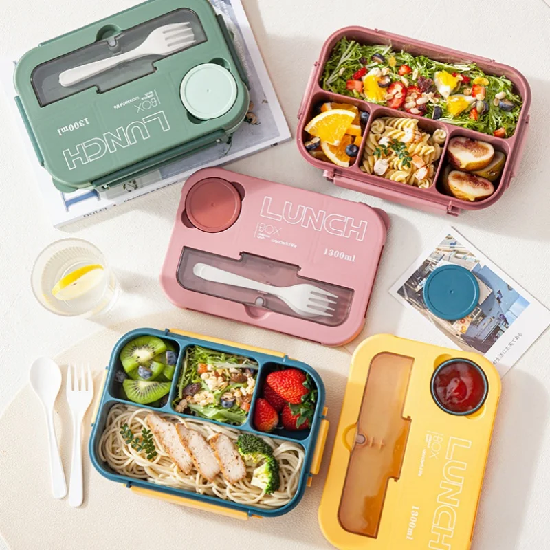 Lunch Box Compartment 1300ML Portable Kids Students Office Bento Box With Fork and Spoon Microwave Food Storage Container