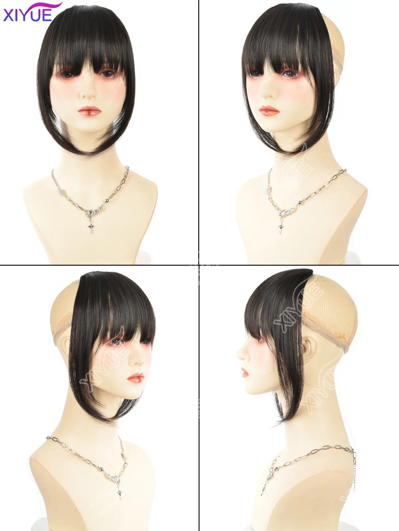 XIYUE Straight Blunt Bangs Synthetic Natural Brown Black False Fringe Clip In Front Hair With Fringe with Temples Daily Wear