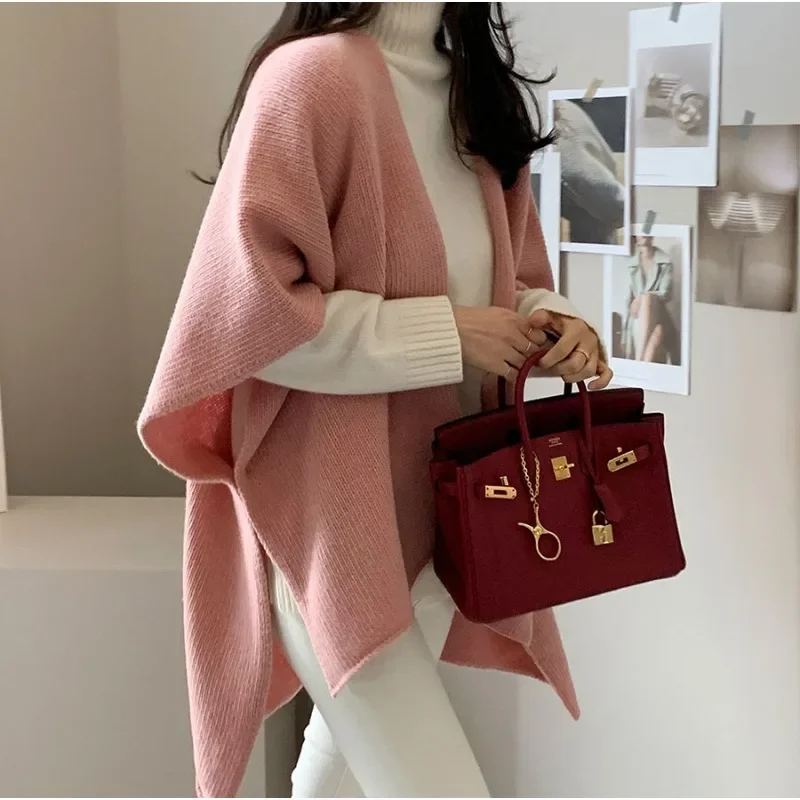 Women Knitted Shawl Jacket Casual Warm Solid Color Cardigan