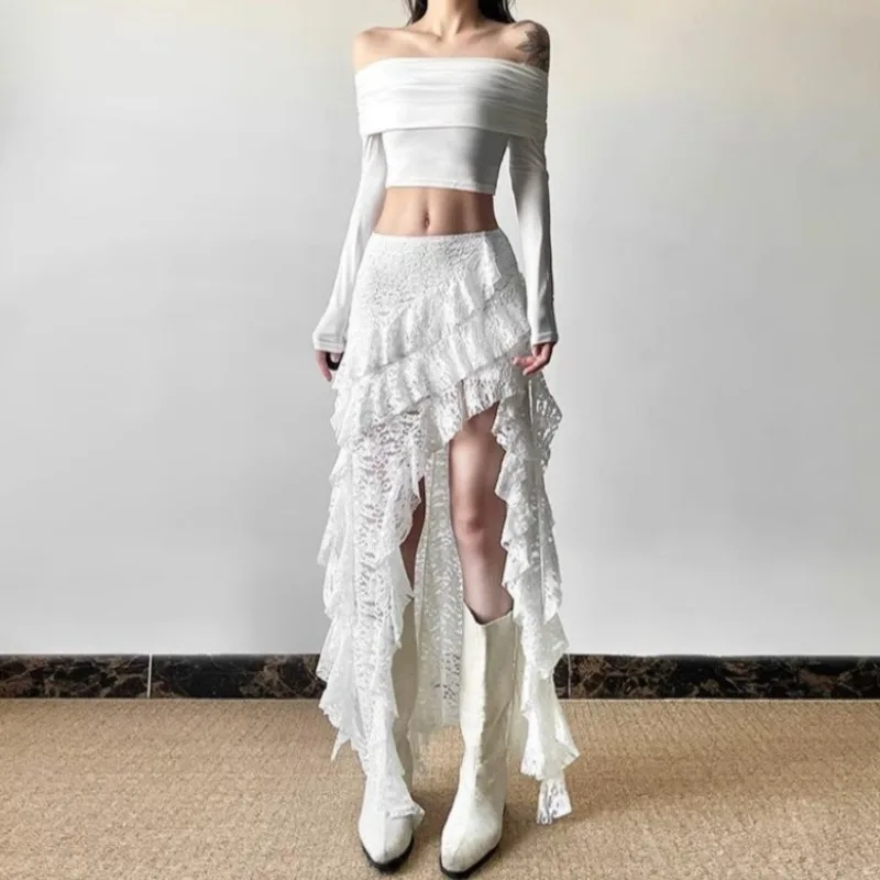 2025 Autumn New Women Clothing Black Skirts Sexy High Waist Lace Ruffles Patchwork Irregular Y2k Skirts Party Clubwear 1