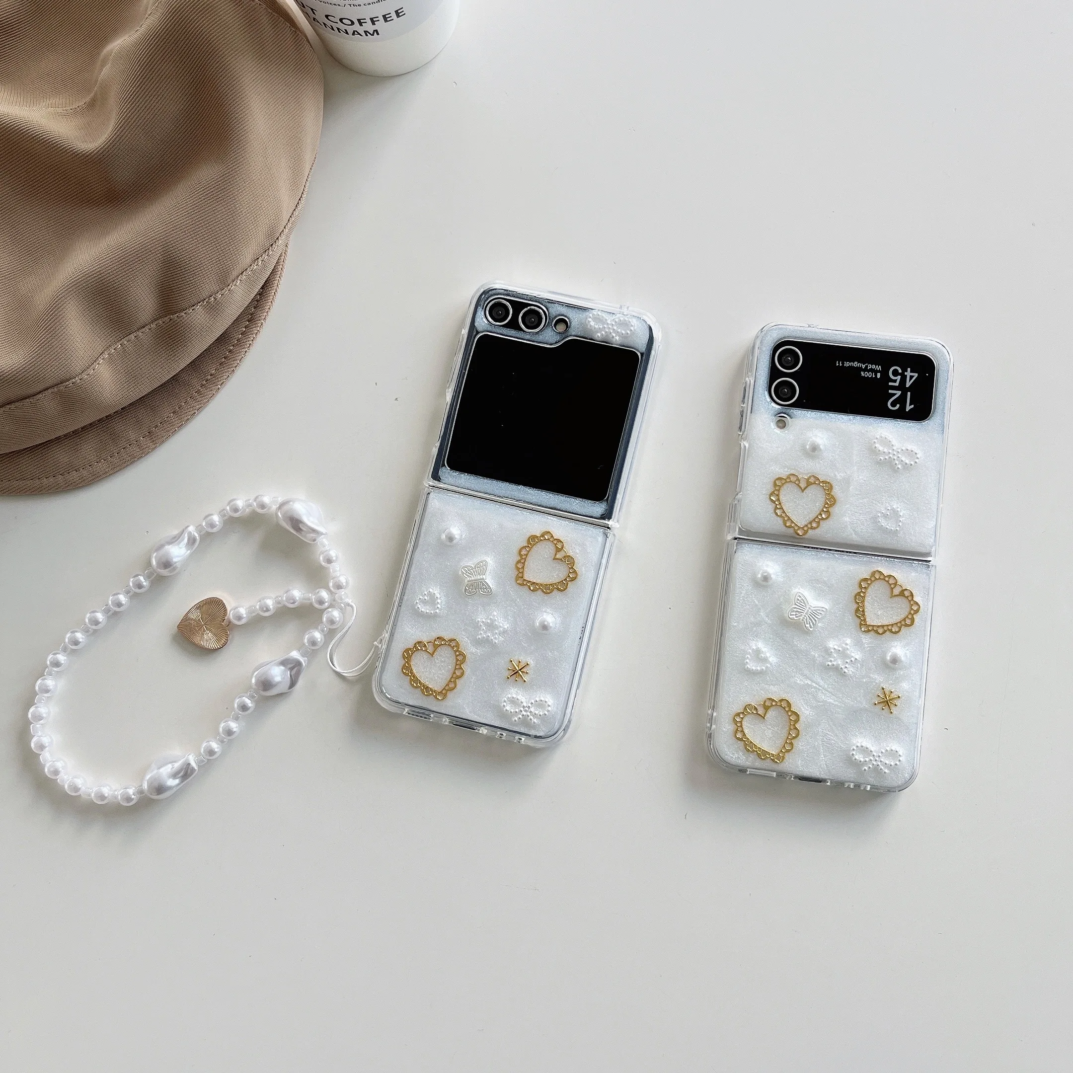 Per Samsung Galaxy Z Flip 5 4 3 5G Custodia Luxury Metal Heart Drop Glue Trasparente Braccialetto Opzionale Pieghevole Cover Rigida Antiurto